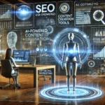 A futuristic AI-powered content marketing dashboard displaying SEO analytics, AI-driven content creation tools, and social media performance charts