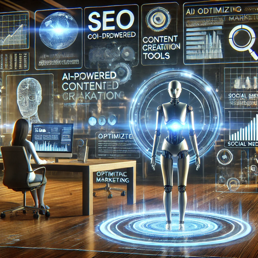 A futuristic AI-powered content marketing dashboard displaying SEO analytics, AI-driven content creation tools, and social media performance charts
