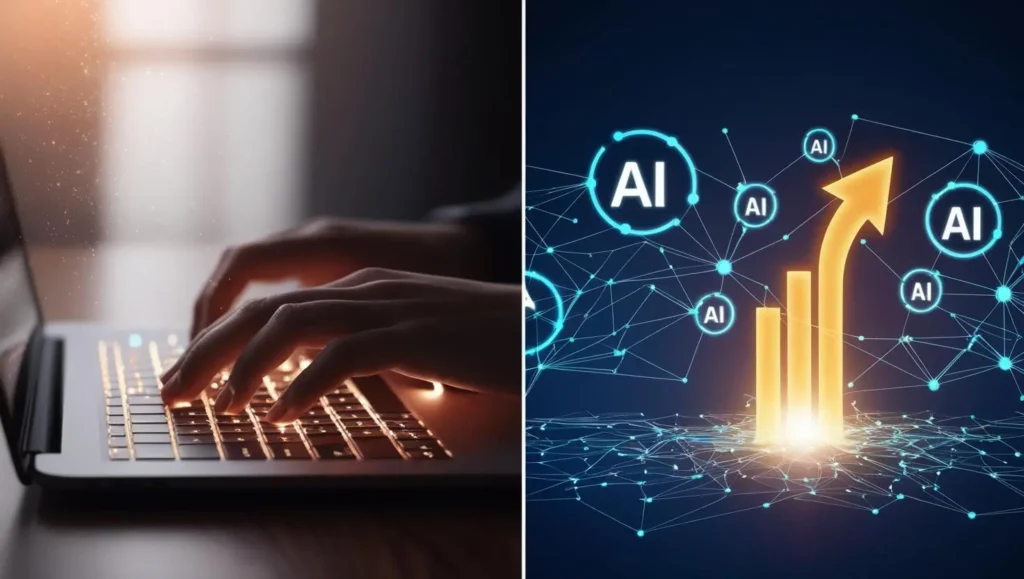 Image depicting the shift from manual writing (hand on keyboard) to automated AI evergreen content generation with a visual representation of growth and success