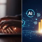 Image depicting the shift from manual writing (hand on keyboard) to automated AI evergreen content generation with a visual representation of growth and success