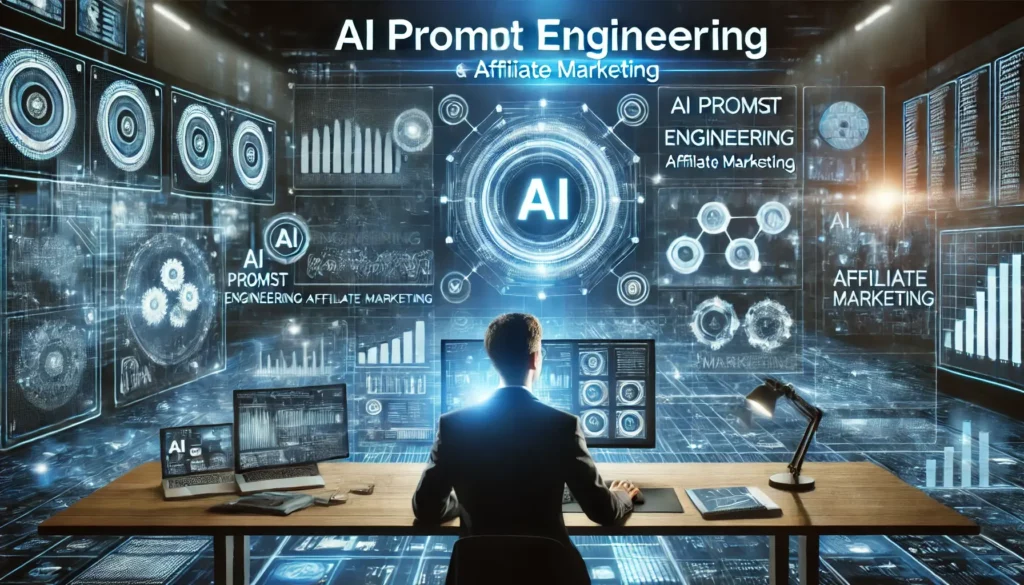 AI-powered digital workspace showcasing automated content creation for affiliate marketing. A marketer analyzes AI-generated insights on multiple screens with a futuristic blue-tech glow.