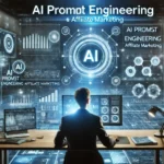 AI-powered digital workspace showcasing automated content creation for affiliate marketing. A marketer analyzes AI-generated insights on multiple screens with a futuristic blue-tech glow.